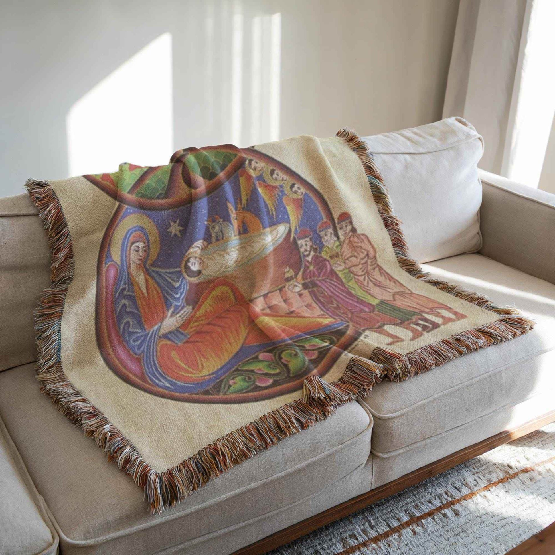Armenian Nativity Throw Blanket – Large Cotton Cozy Holiday Throw with Colorful Tapestry - timelessbohochic.com
