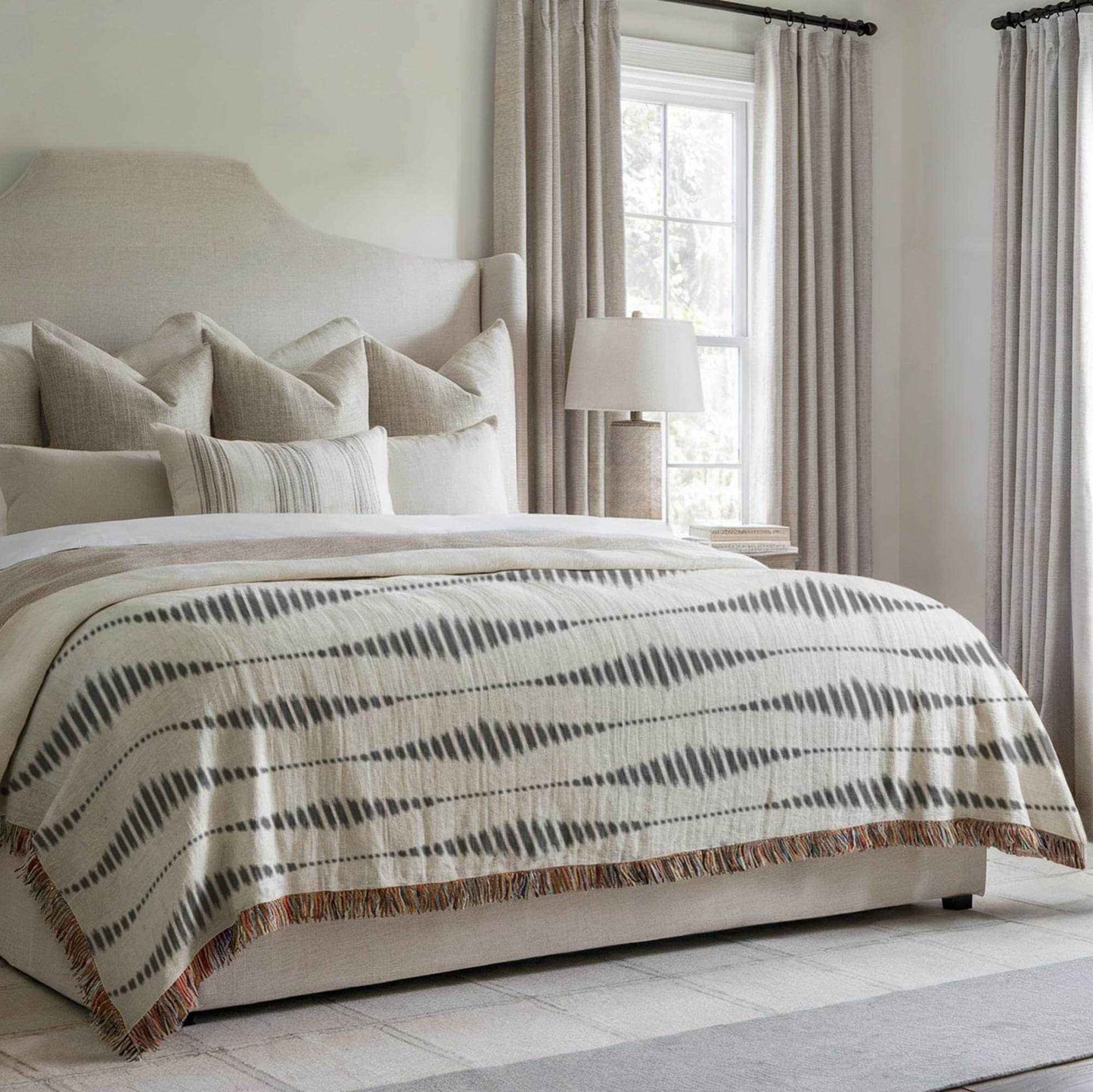 Modern Geometric woven blanket with geometric pattern styled for layered home decor