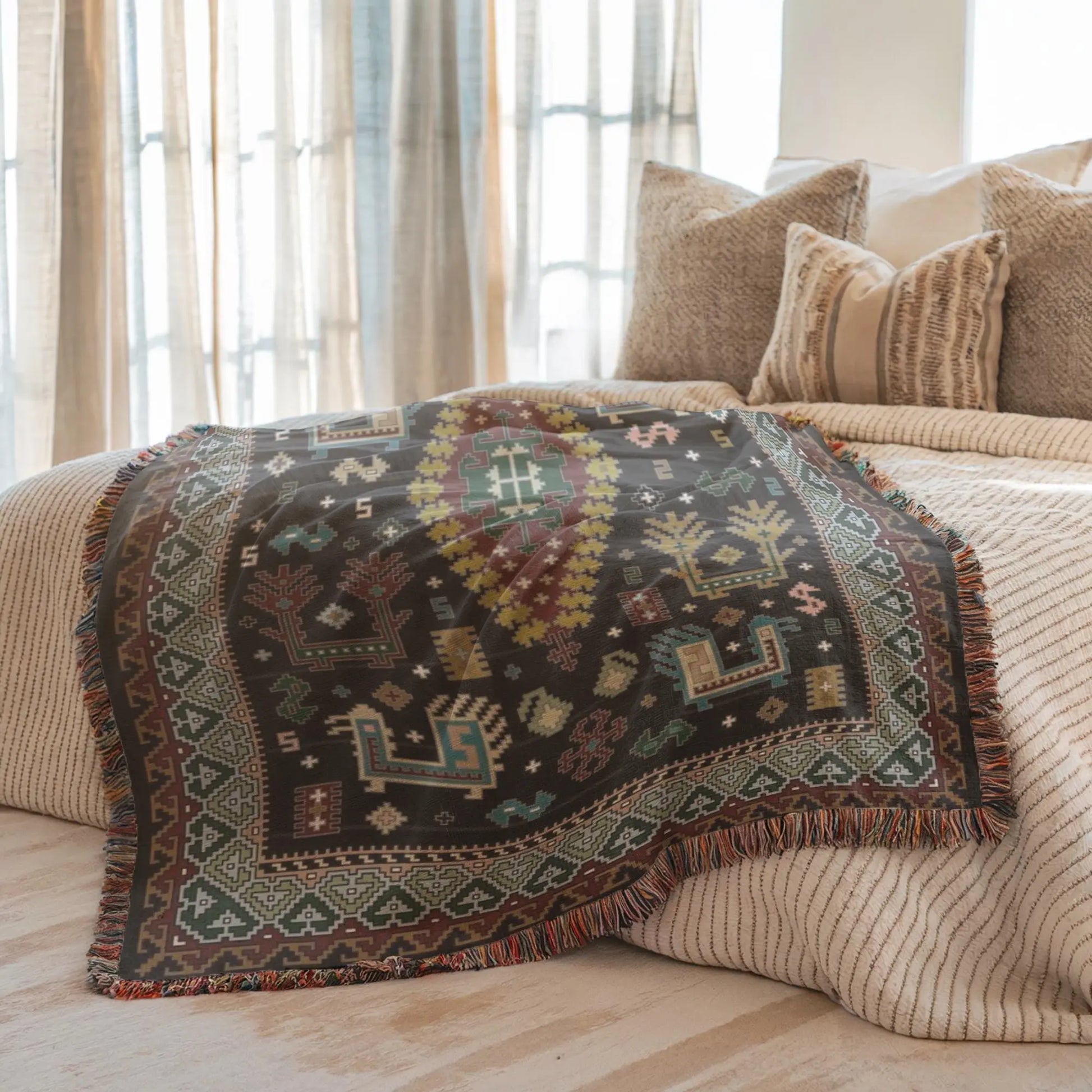 Bohemian Throw Blanket - Woven Cotton Caucasian Rug with Colorful Fringed Edges