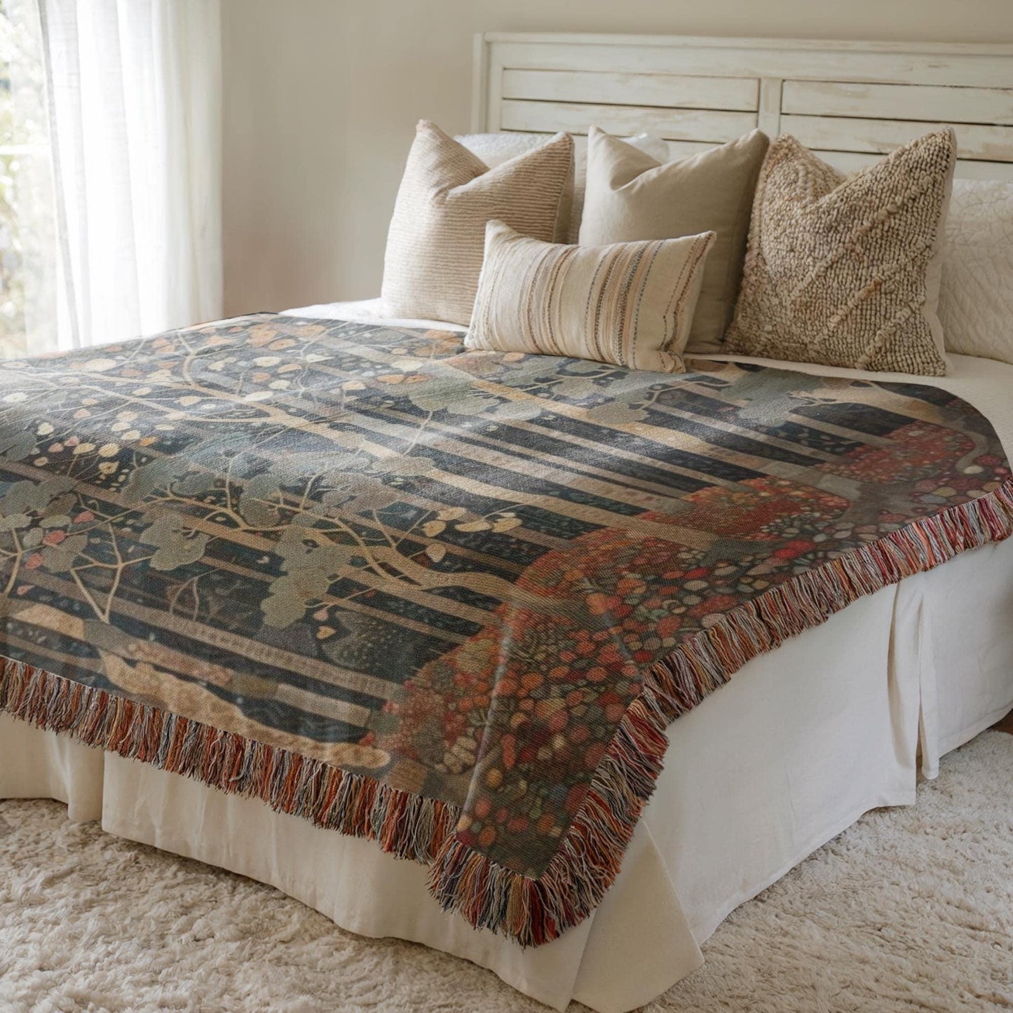 Scandinavian Inspired woven blanket with rug-style pattern styled for layered home decor