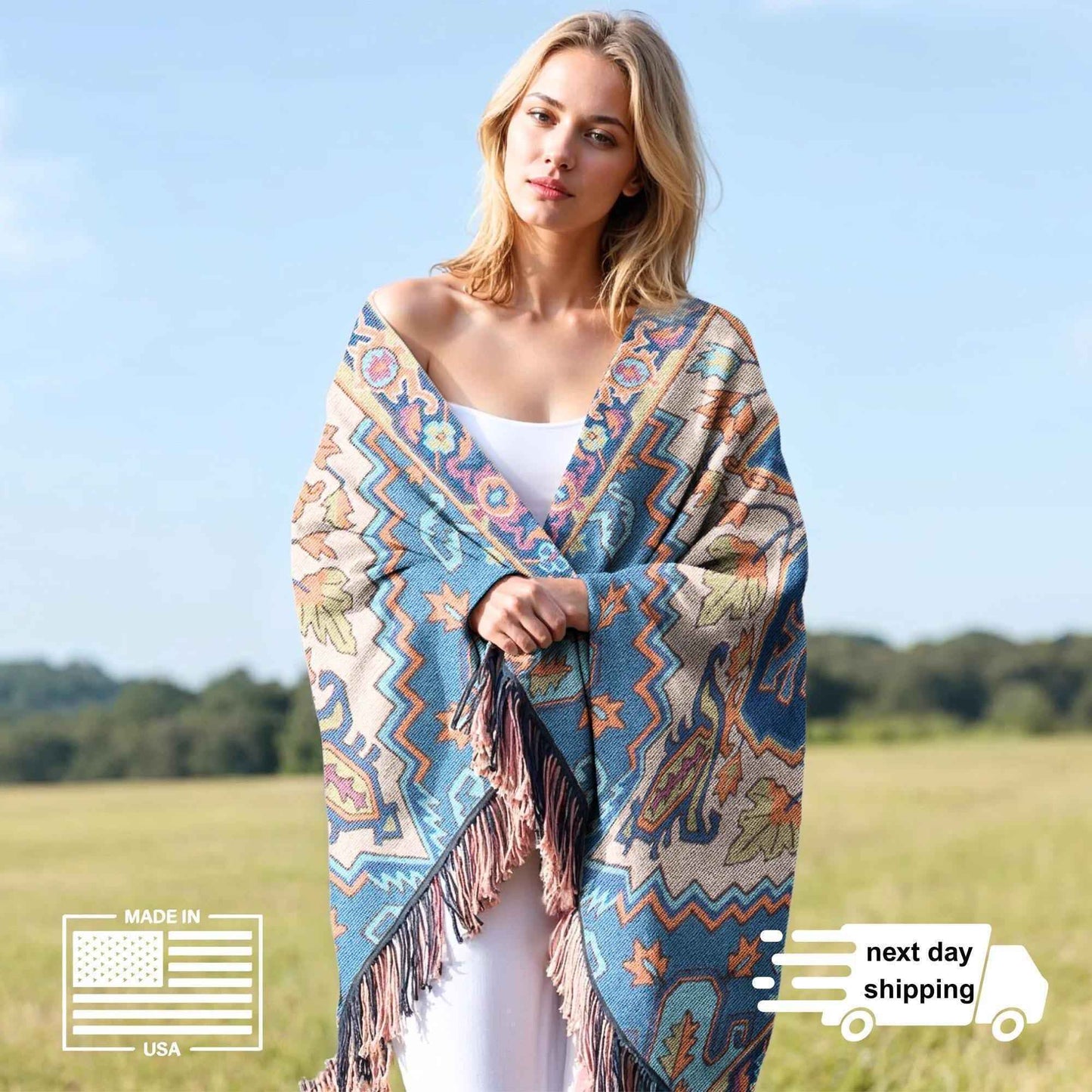 Moroccan Inspired outdoor woven throw blanket with rug-style pattern for patio styling