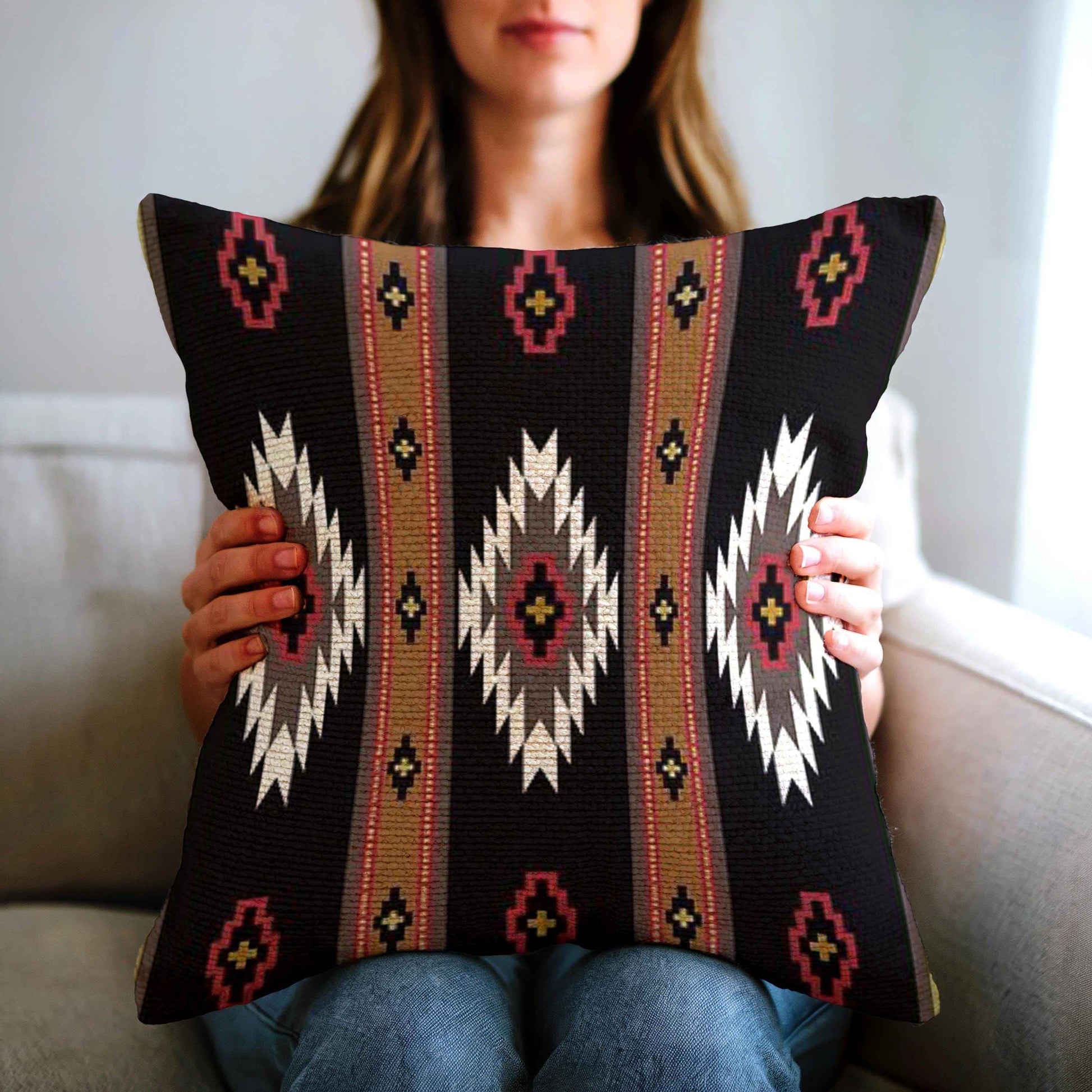 Boho Navajo Throw Pillow - Colorful Ikat Pattern Decorative Couch Pillow - timelessbohochic.com