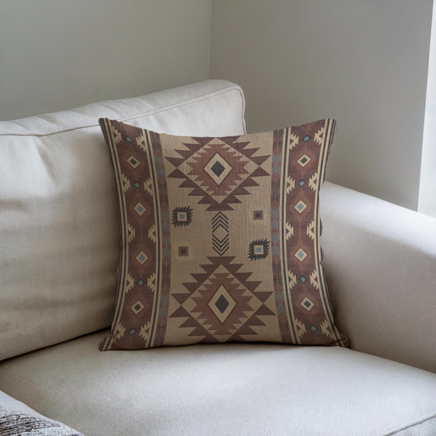 Southwestern throw pillow with geometric pattern styled on a sofa or bed