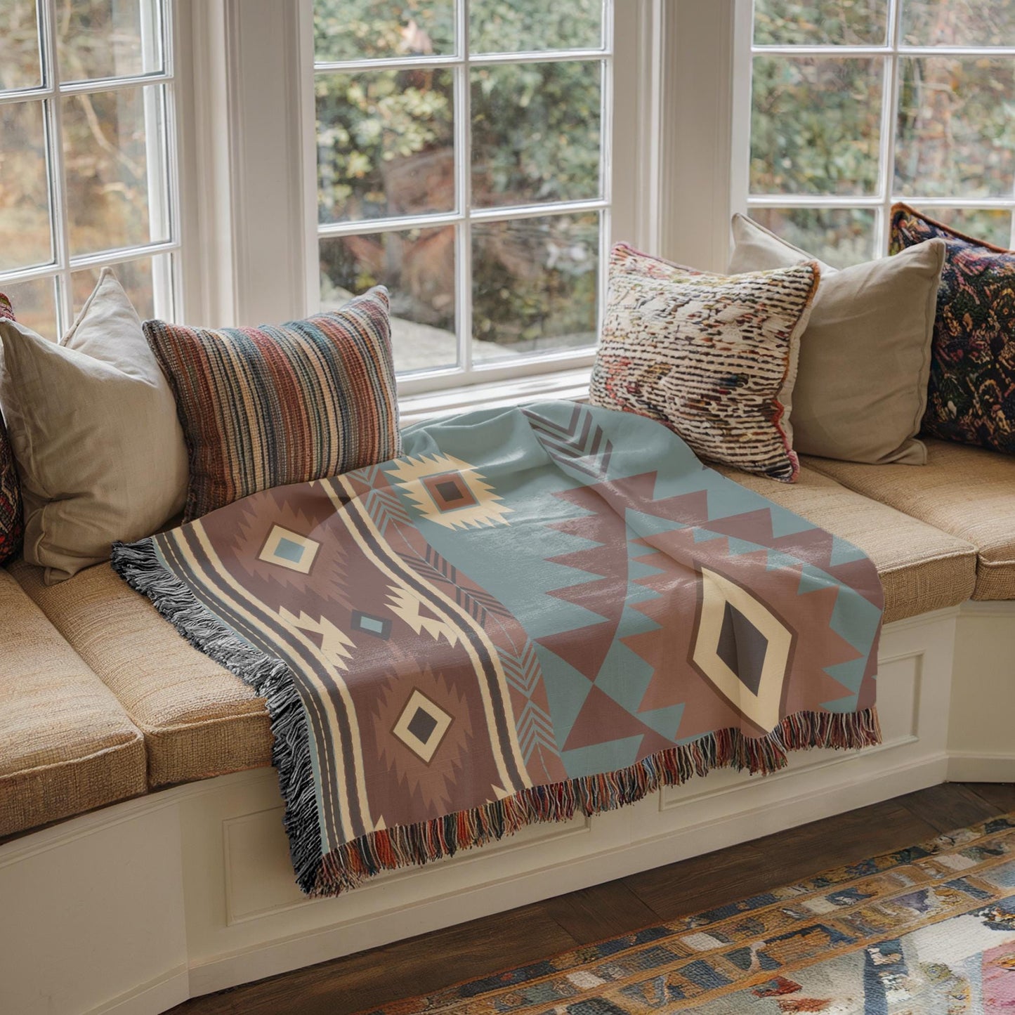 Southwestern woven blanket with geometric pattern styled for layered home decor
