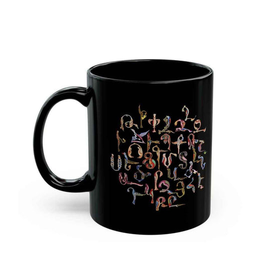 Armenian Alphabet Mug - Black Ceramic Coffee Cup With Bird Motif Design - timelessbohochic.com
