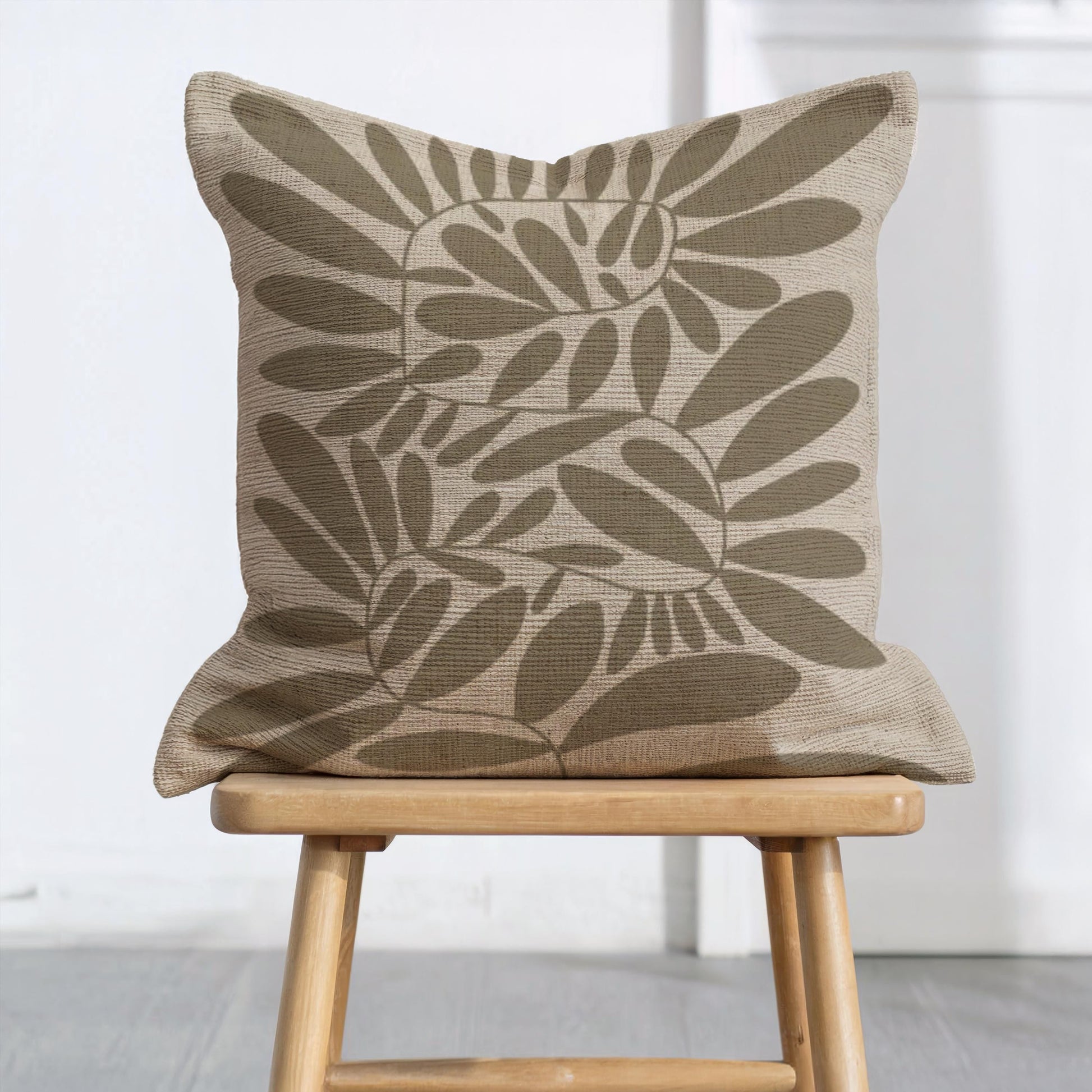 Woven Pillow - Mid Century Cushion with Scandi Leaves Pattern | Durable Cotton Blend