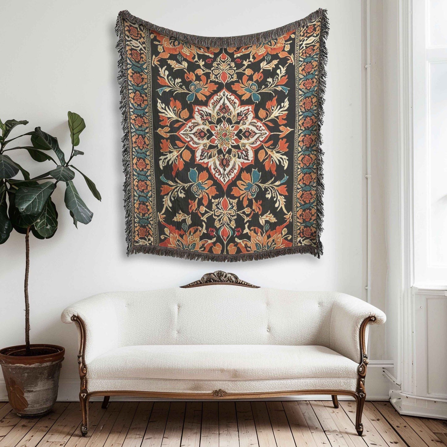 Anatolian Inspired woven wall tapestry with rug-style pattern styled as textile wall decor