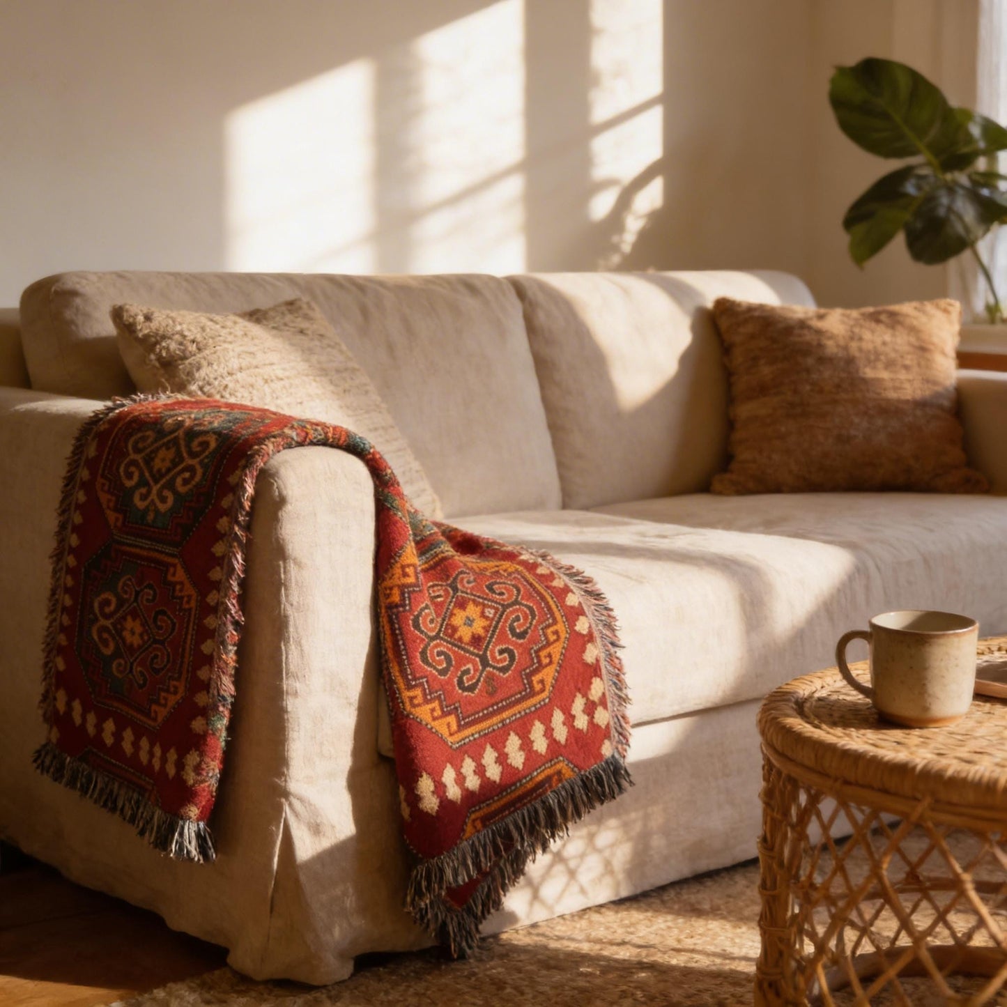 Moroccan Inspired woven blanket with woven pattern styled for layered home decor