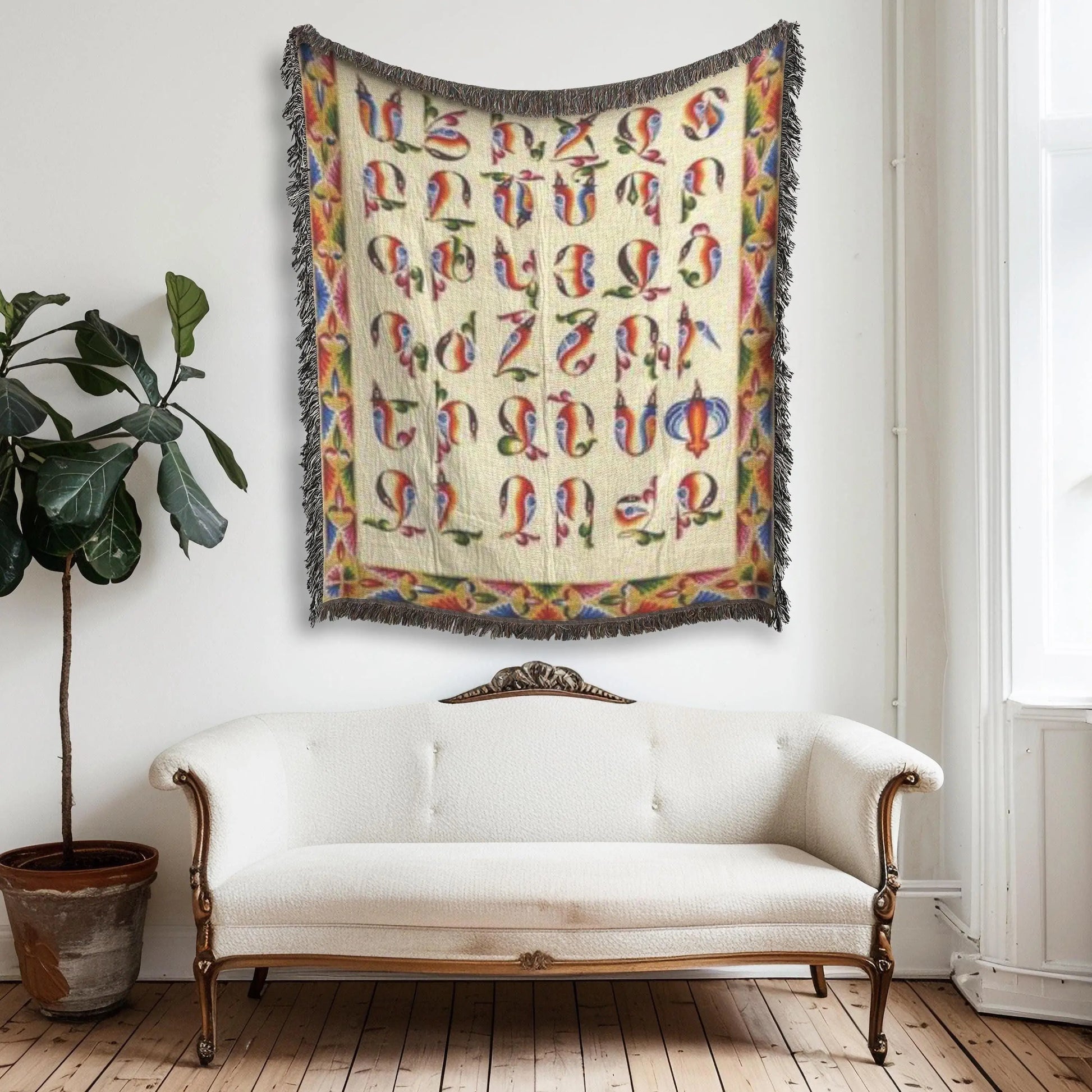 Armenian Alphabet Blanket | Woven Cotton Bedspread - Colorful Couch Throw, Eco Friendly Throw