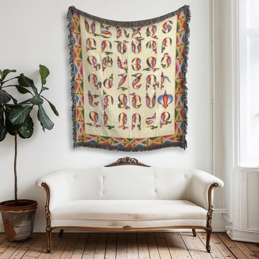 Armenian Alphabet Blanket | Woven Cotton Bedspread - Colorful Couch Throw, Eco Friendly Throw