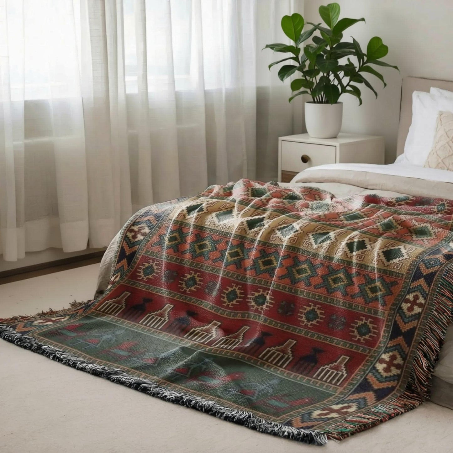 Anatolian Inspired woven blanket with rug-style pattern styled for layered home decor