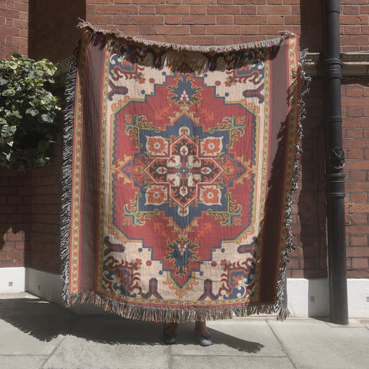 Woven Decorative Blanket - Persian Inspired Throw with Colorful Moroccan Pattern