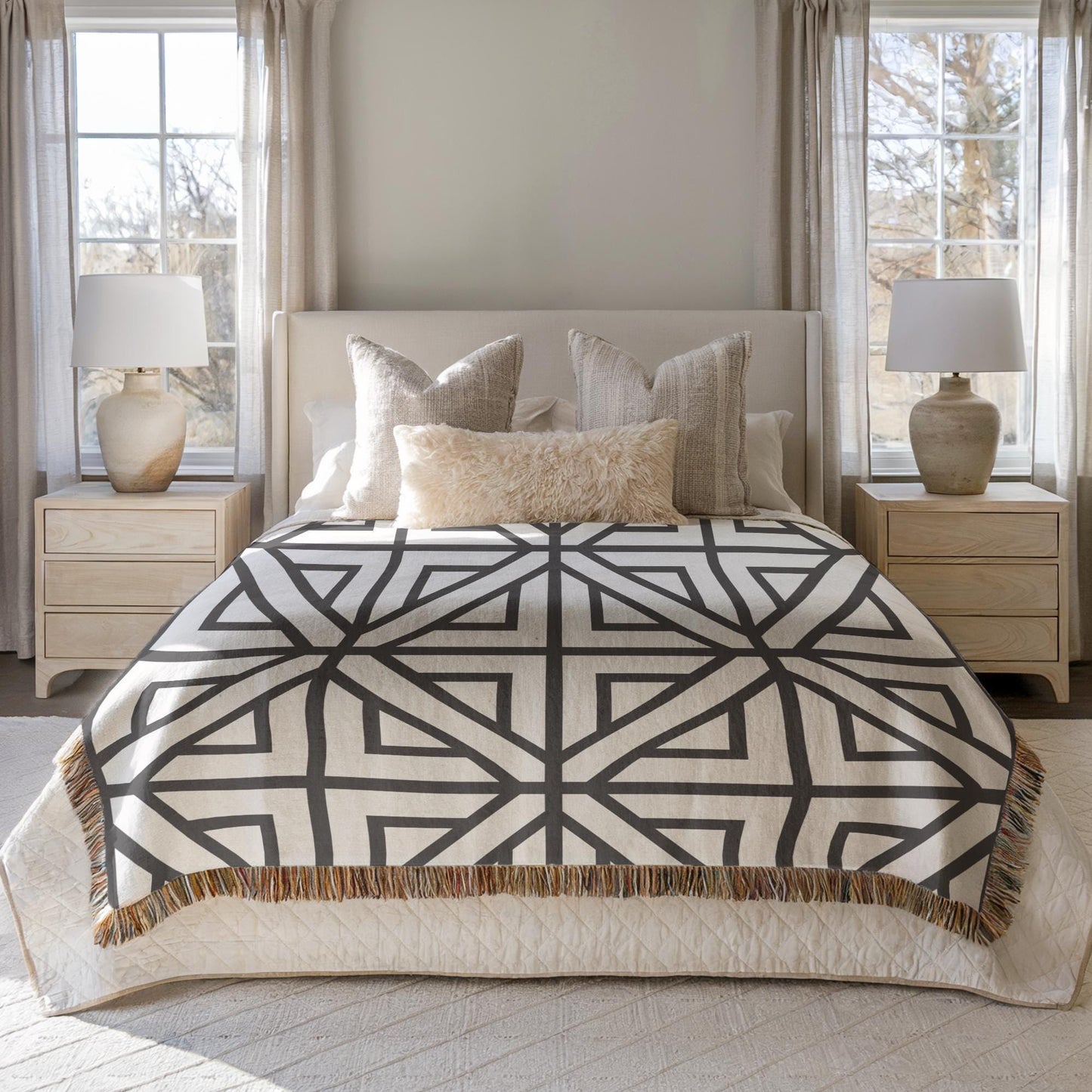 Modern Geometric woven blanket with geometric pattern styled for layered home decor