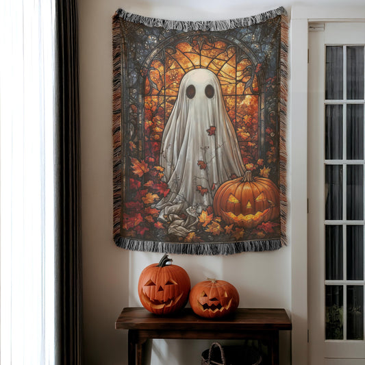 Halloween Decor Blanket - Festive Fall Cotton Throw With Ghost Pumpkin & Stained Glass Motif