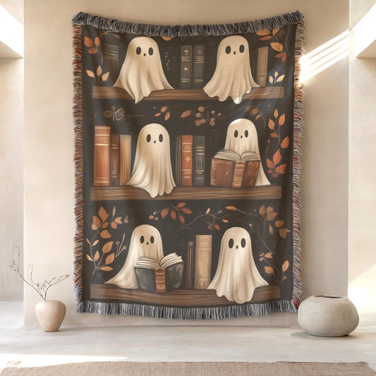 Halloween Tapestry Decor – Spooky Ghost Wall Art | Cozy Cotton Bookshelf Hanging