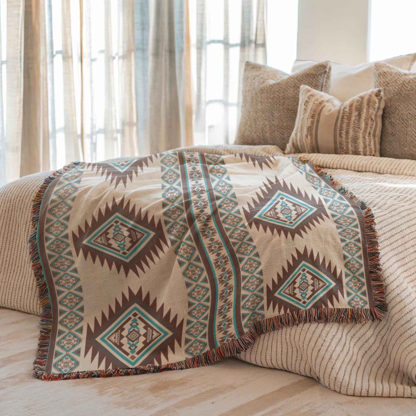 Southwestern woven blanket with geometric pattern styled for layered home decor