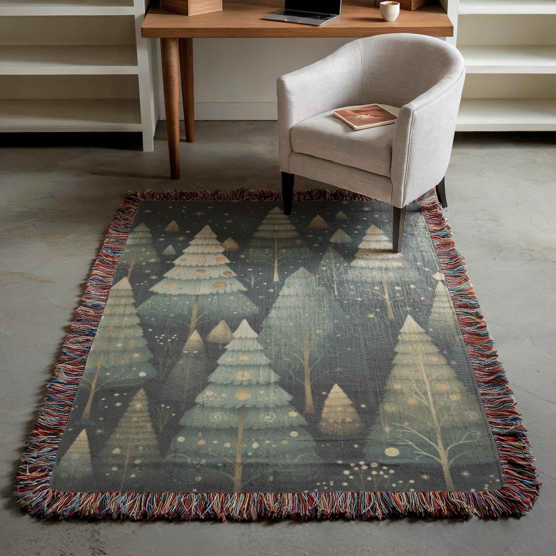Forestcore Christmas Blanket - Festive Office Decor | Woven Cotton Throw with Fringed Edges - timelessbohochic.com