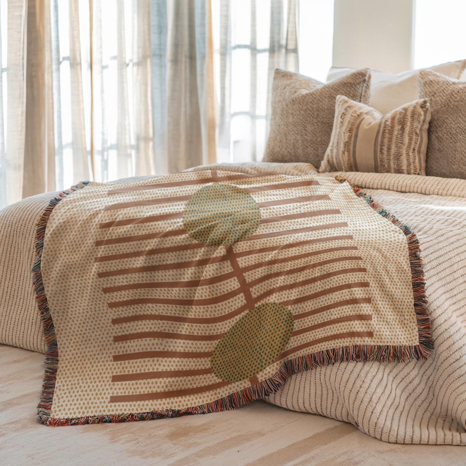Woven Cotton Blanket - Cozy Rustic Stripe Throw With Green Dots Pattern