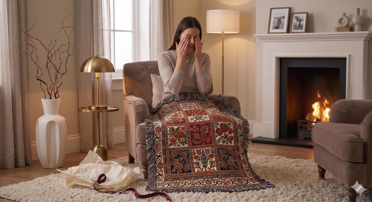 Caucasian Rug Inspired woven blanket with geometric pattern styled for layered home decor