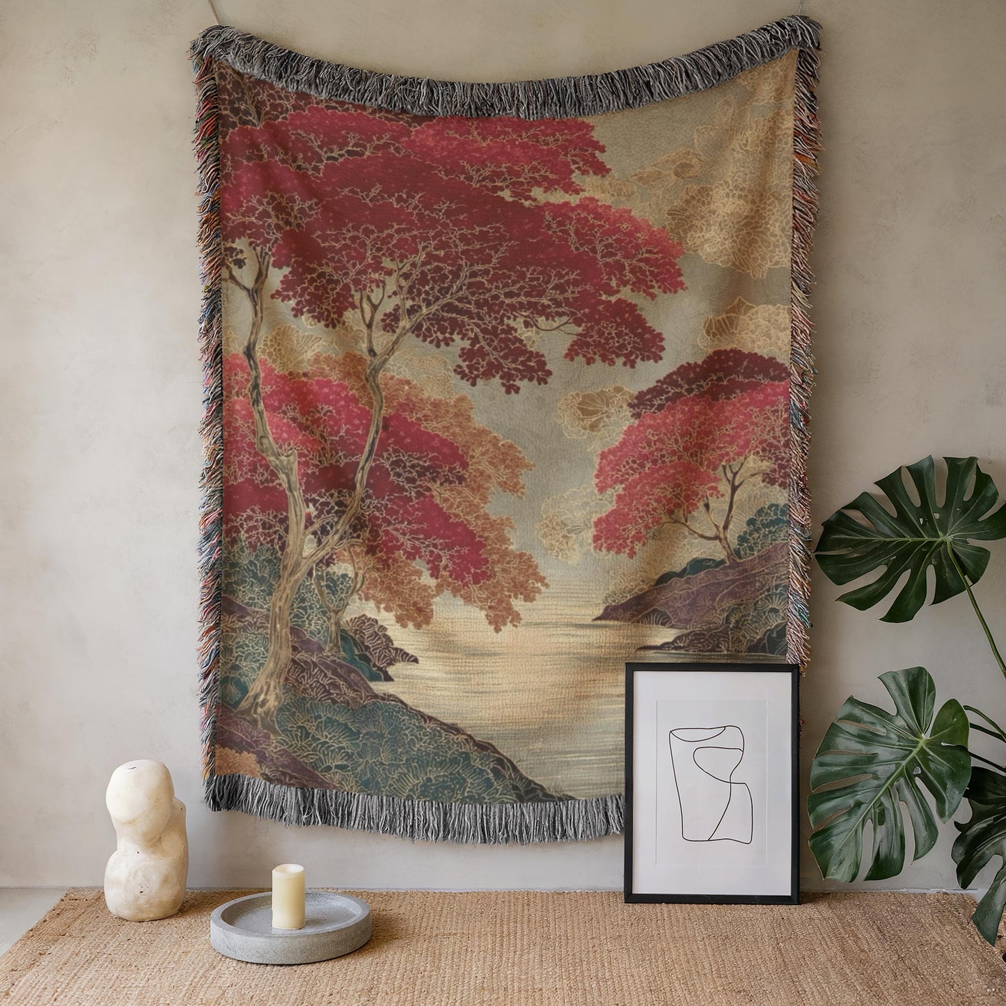 Scandinavian Inspired woven wall tapestry with rug-style pattern styled as textile wall decor