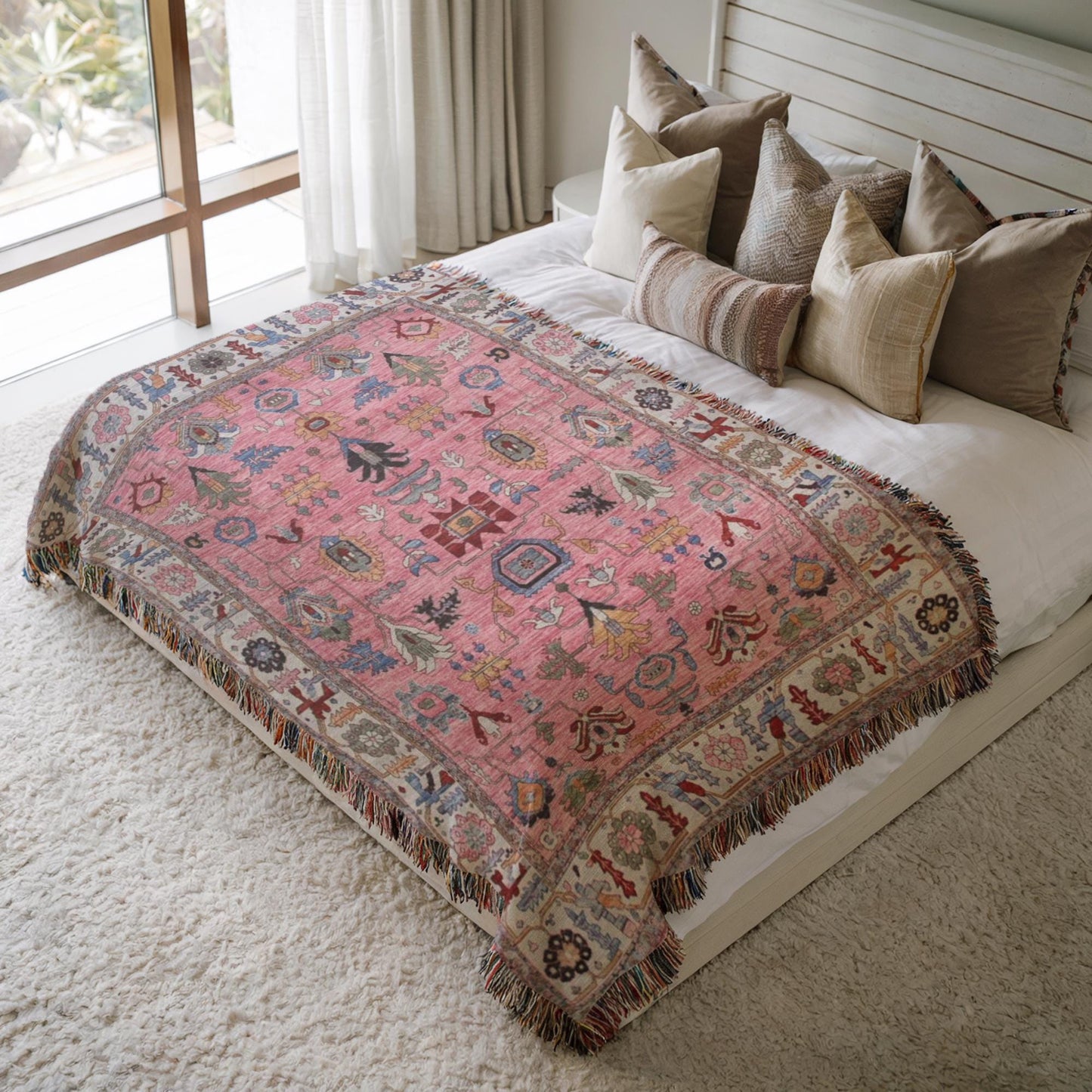 Anatolian Inspired woven blanket with rug-style pattern styled for layered home decor
