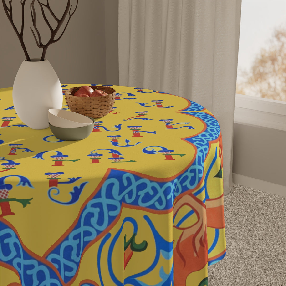 Yellow Armenian alphabet tablecloth close view of the pattern and the edge