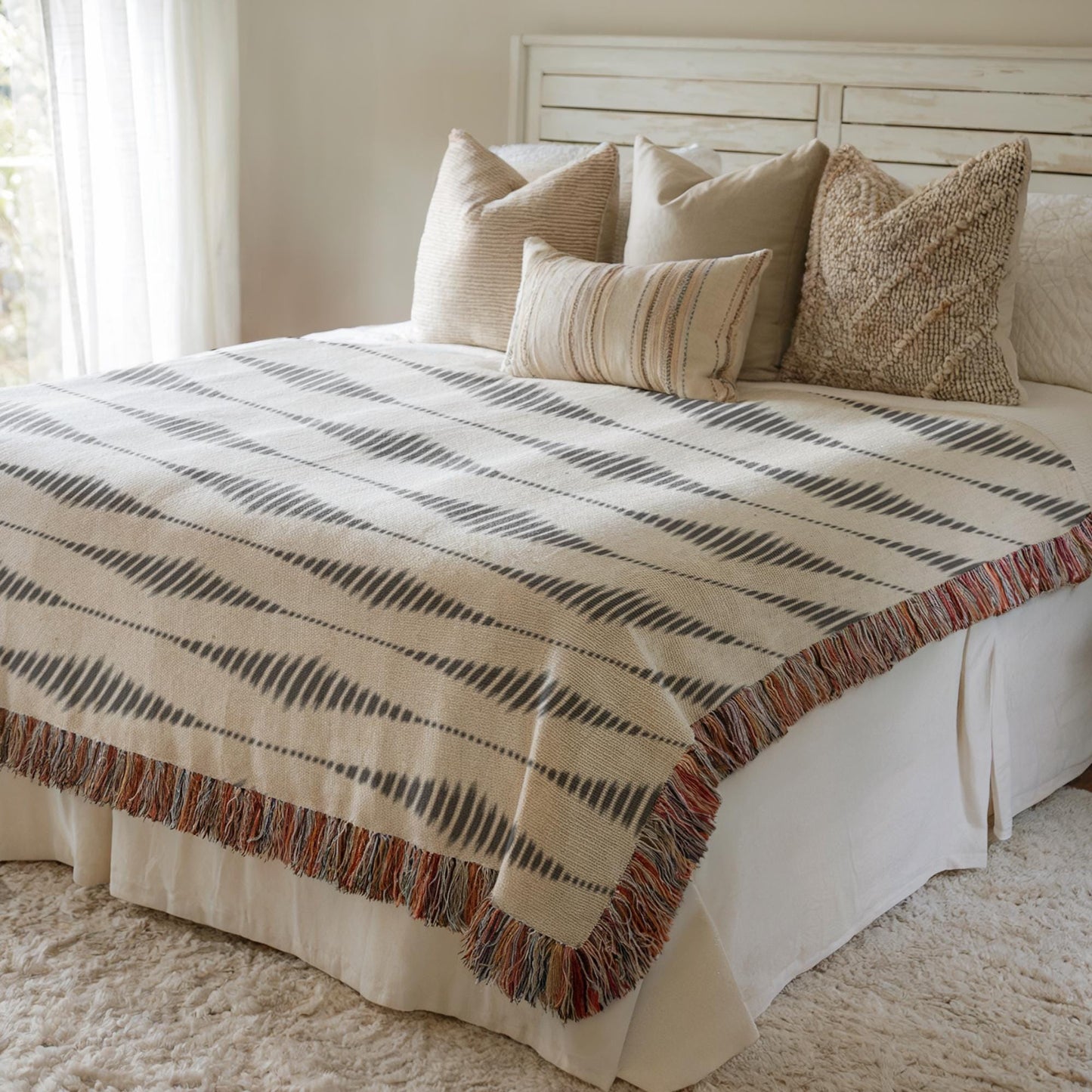 Modern Geometric woven blanket with geometric pattern styled for layered home decor