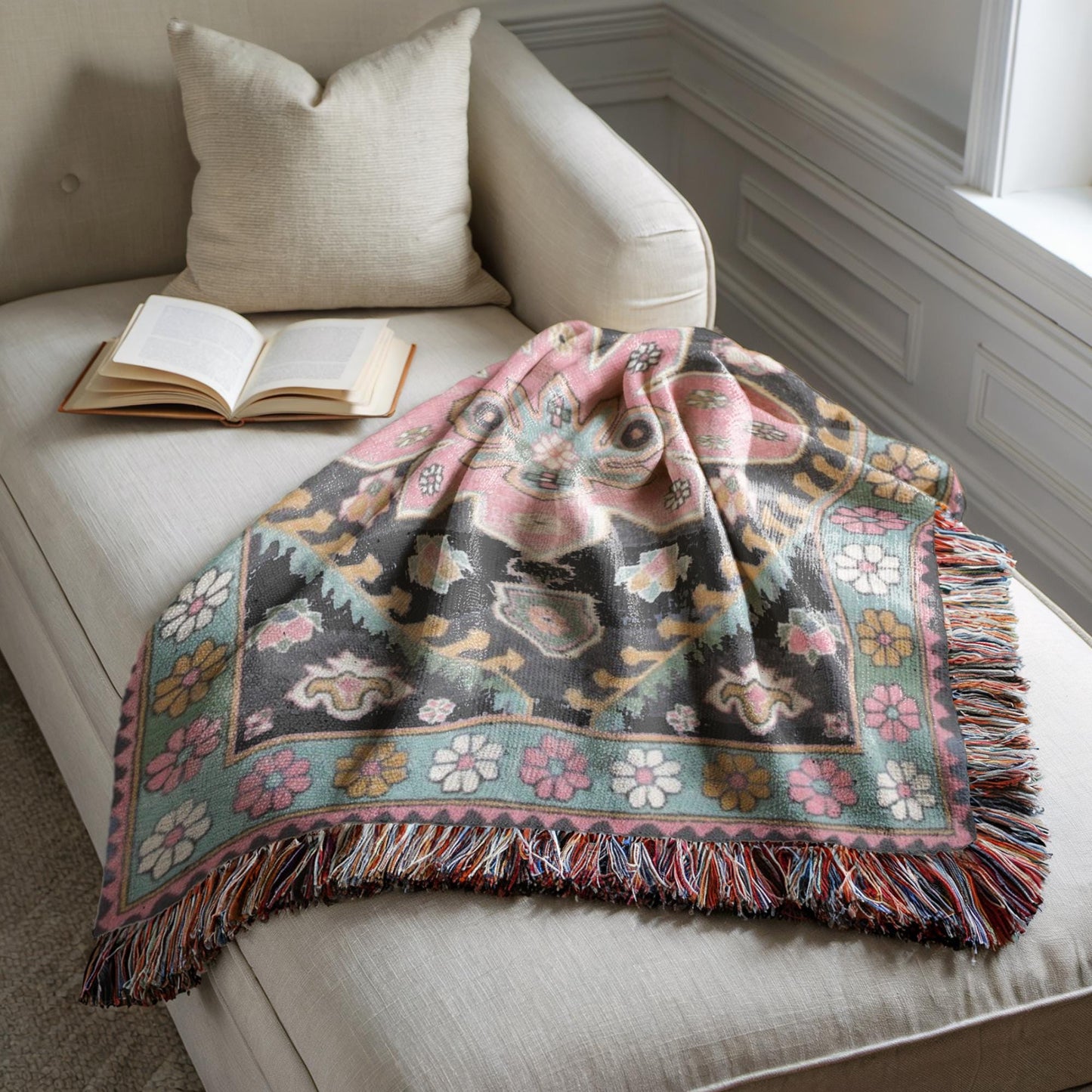Caucasian Rug Inspired woven blanket with geometric pattern styled for layered home decor