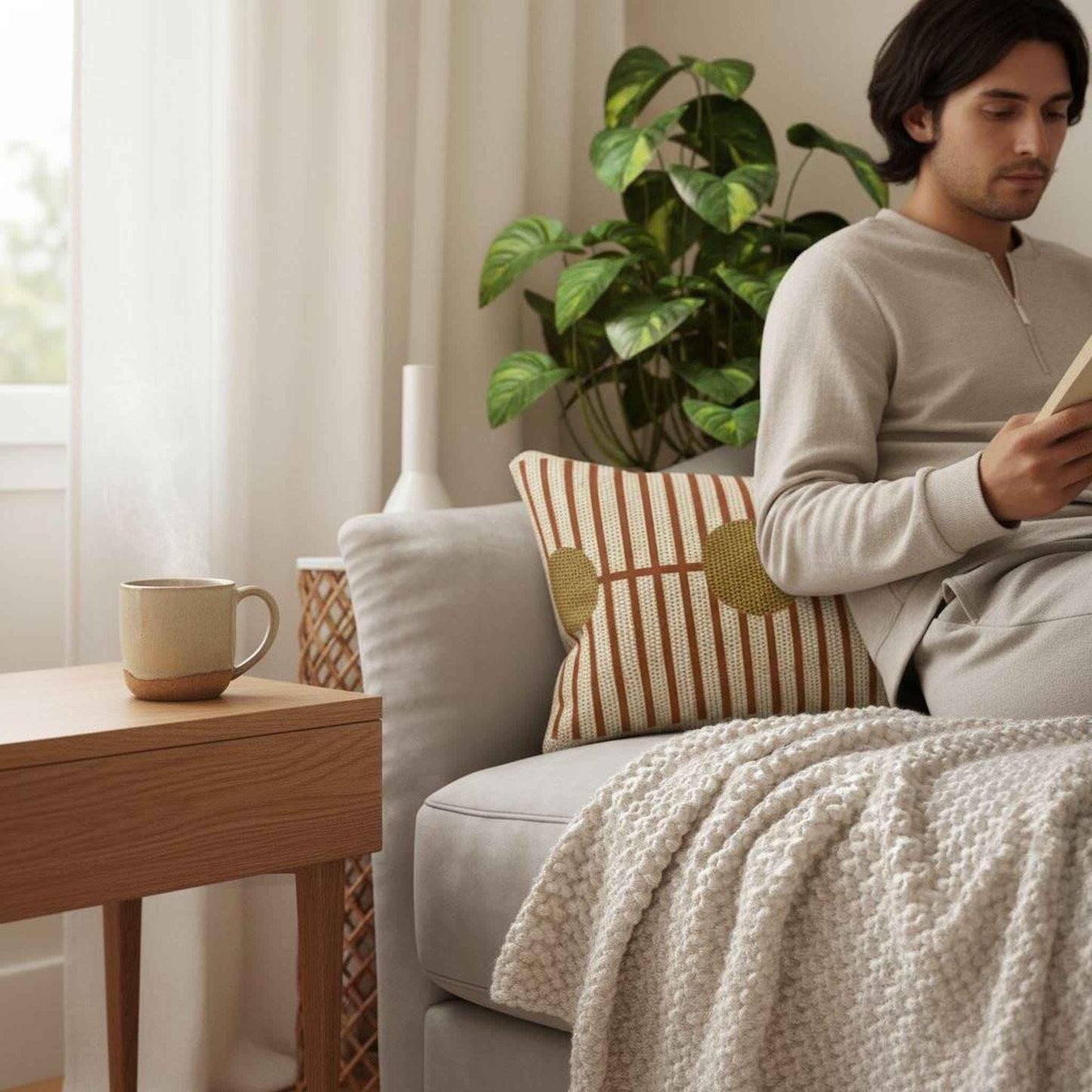 Scandinavian Inspired throw pillow with geometric pattern styled on a sofa or bed