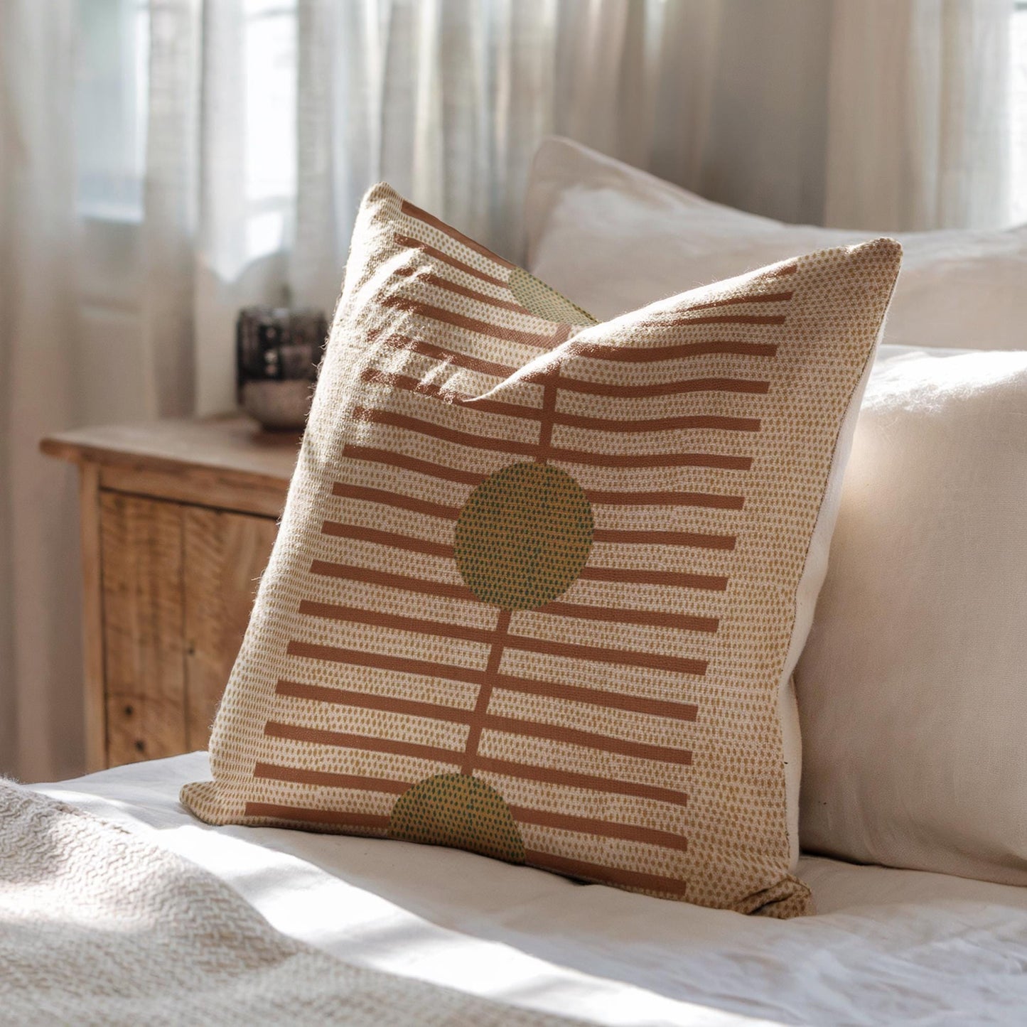 Scandinavian Inspired throw pillow with woven pattern styled on a sofa or bed