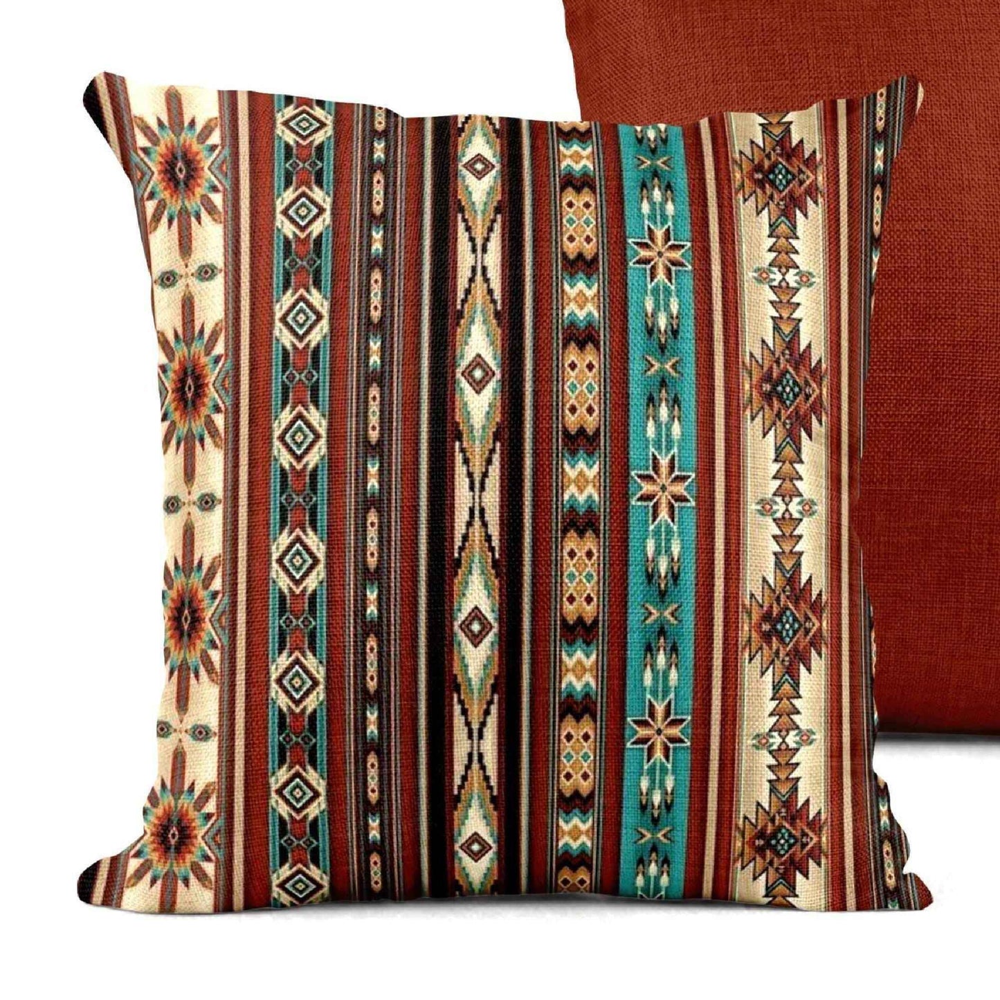 Southwestern throw pillow with geometric pattern styled on a sofa or bed
