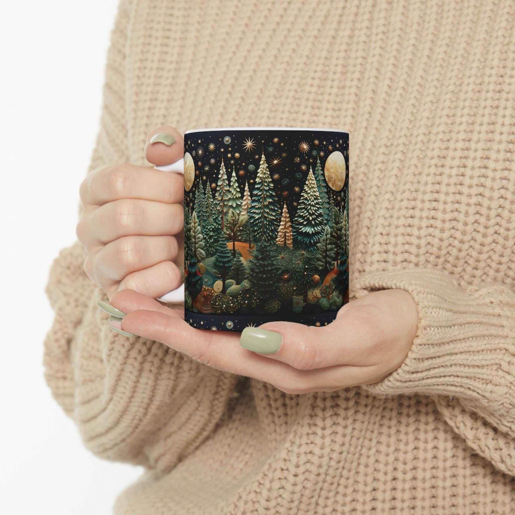 Moon and Trees Coffee Mug - Winter Landscape Ceramic Cup | Cozy Hot Beverage - timelessbohochic.com