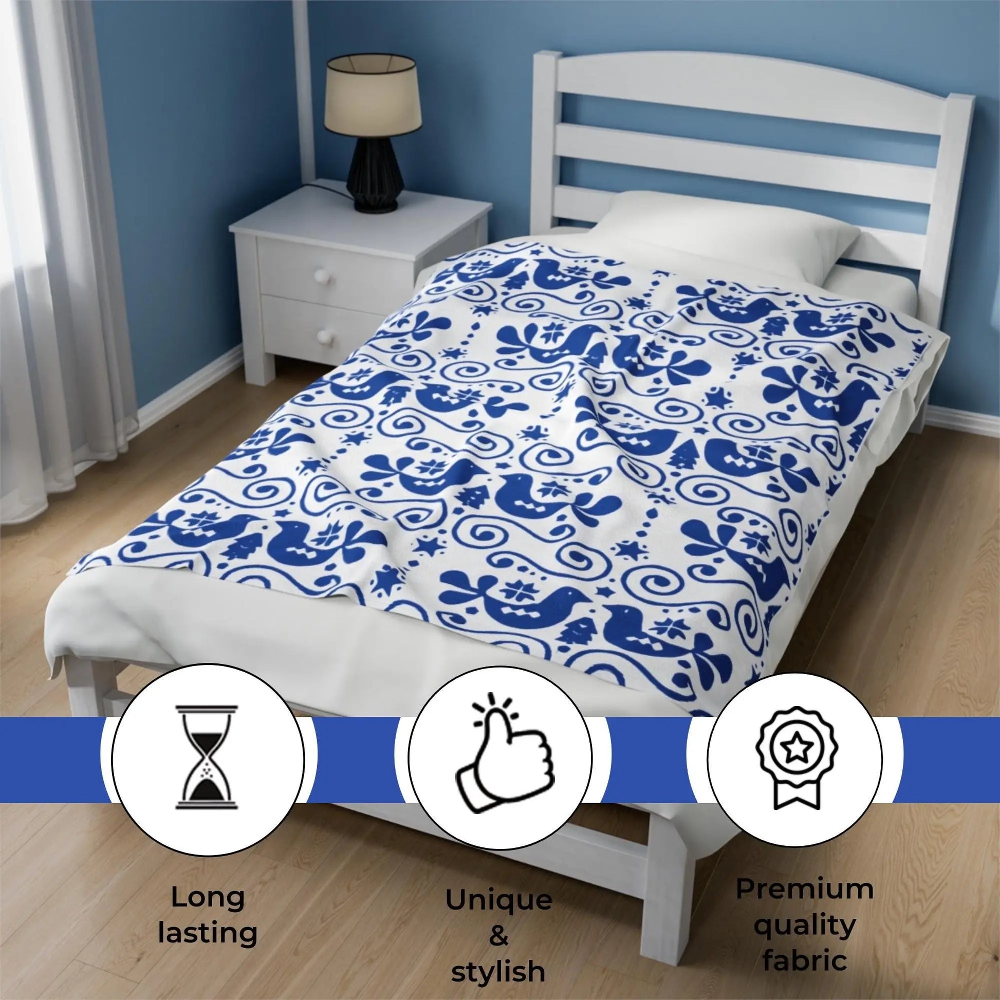 Velveteen Plush Blanket – Scandinavian Blue Bird Throw | Cozy Nordic Decor Gift