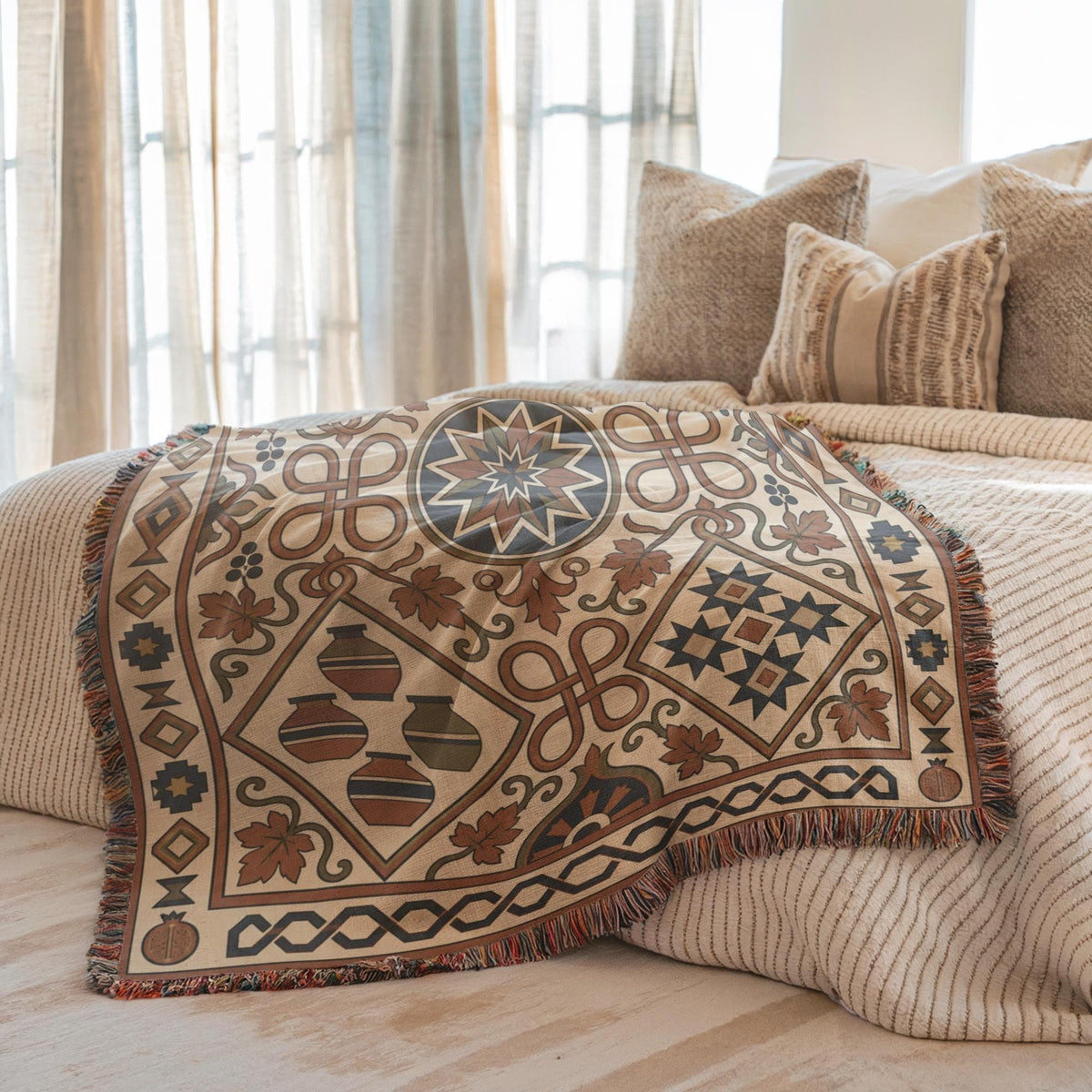Geometric rust and teal woven cotton throw blanket with fringed edges