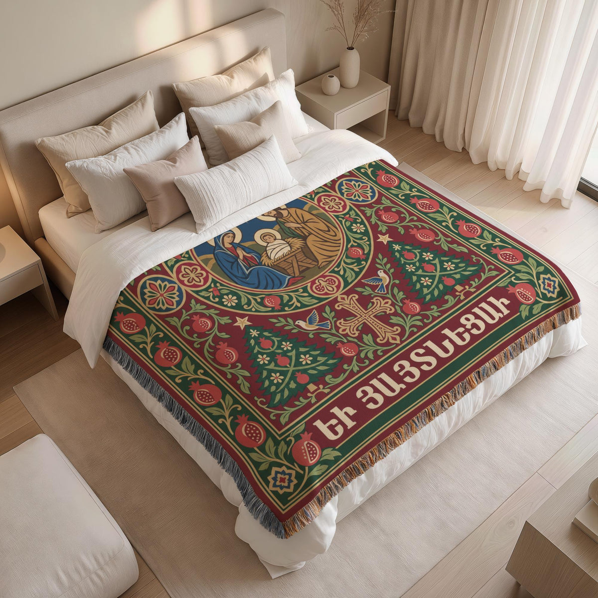 Armenian Nativity blanket spread over a bed in a bright bedroom