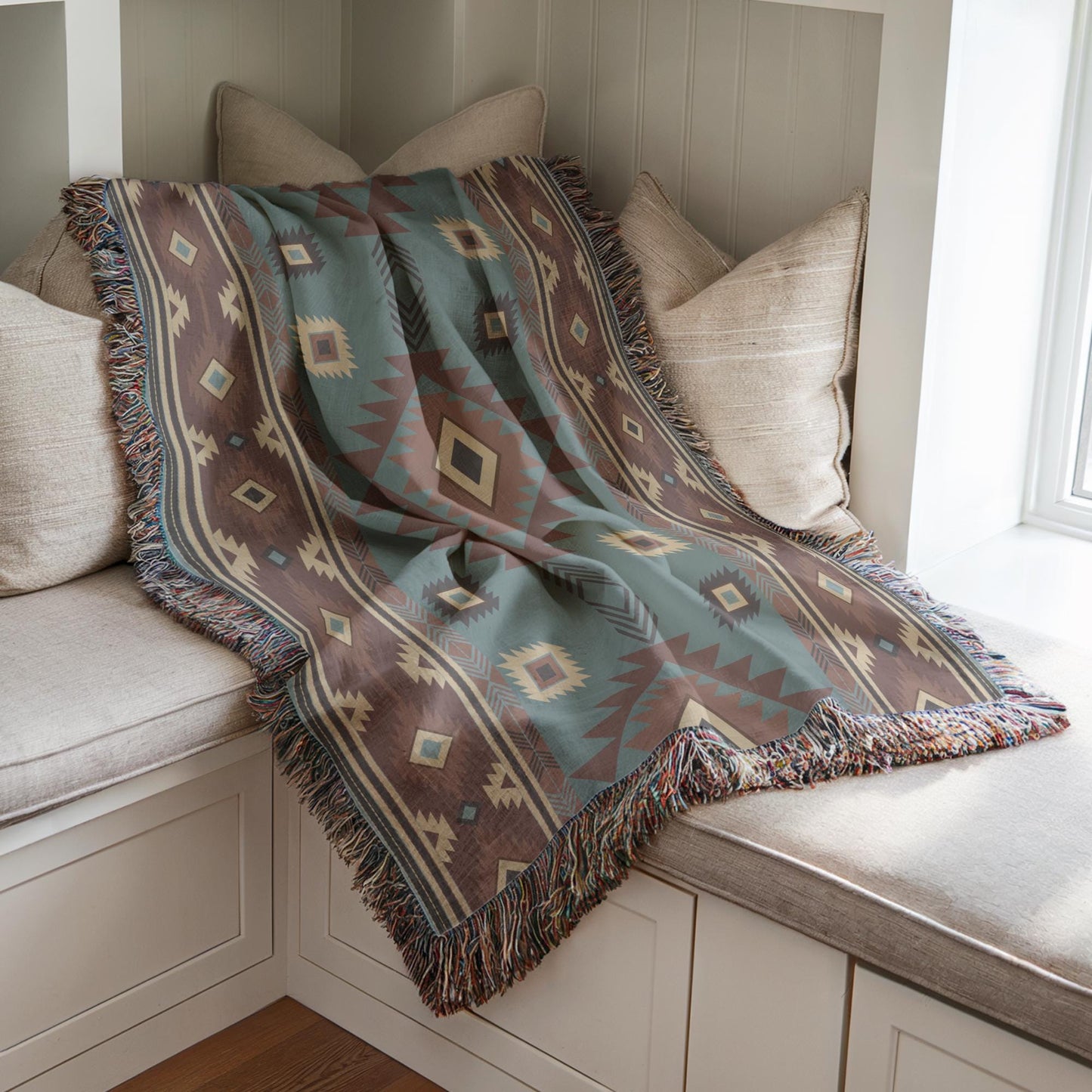 Southwestern woven blanket with geometric pattern styled for layered home decor