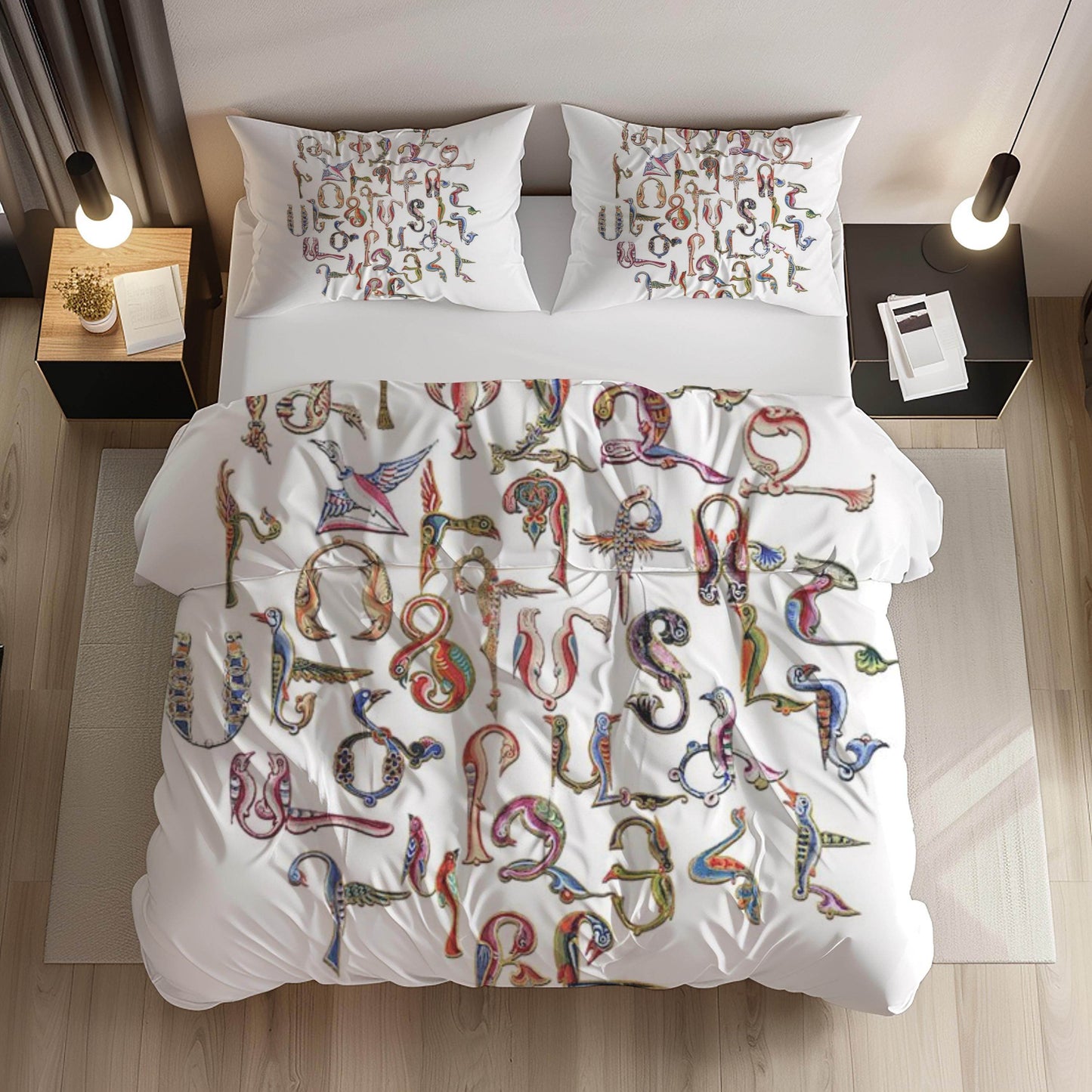Armenian Alphabet Duvet Cover - Multicolor Bedding Set with Trchnagir Pattern & Zipper Closure - timelessbohochic.com