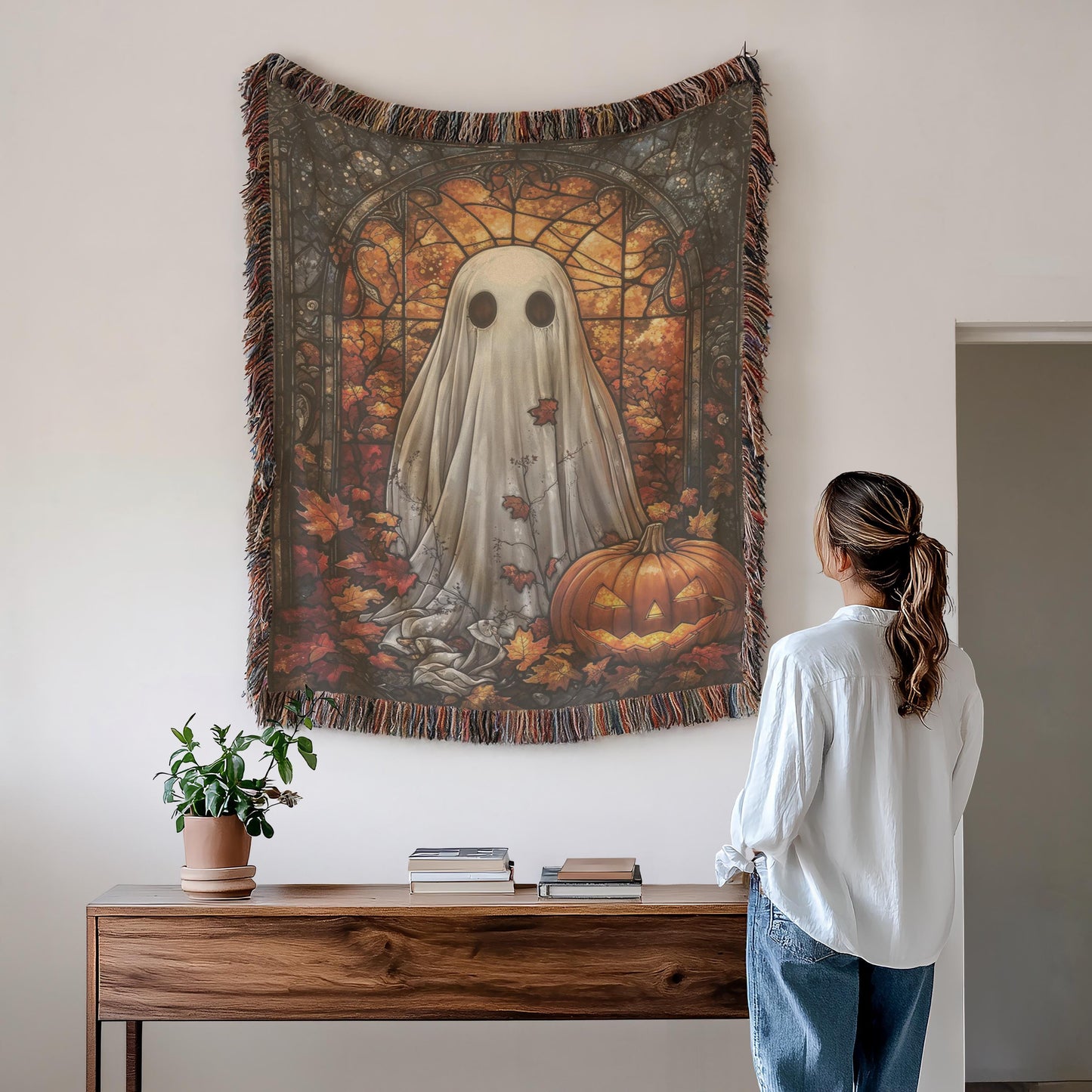 Halloween Ghost Tapestry - Stained Glass Pumpkin Wall Art | Cozy Cotton Throw