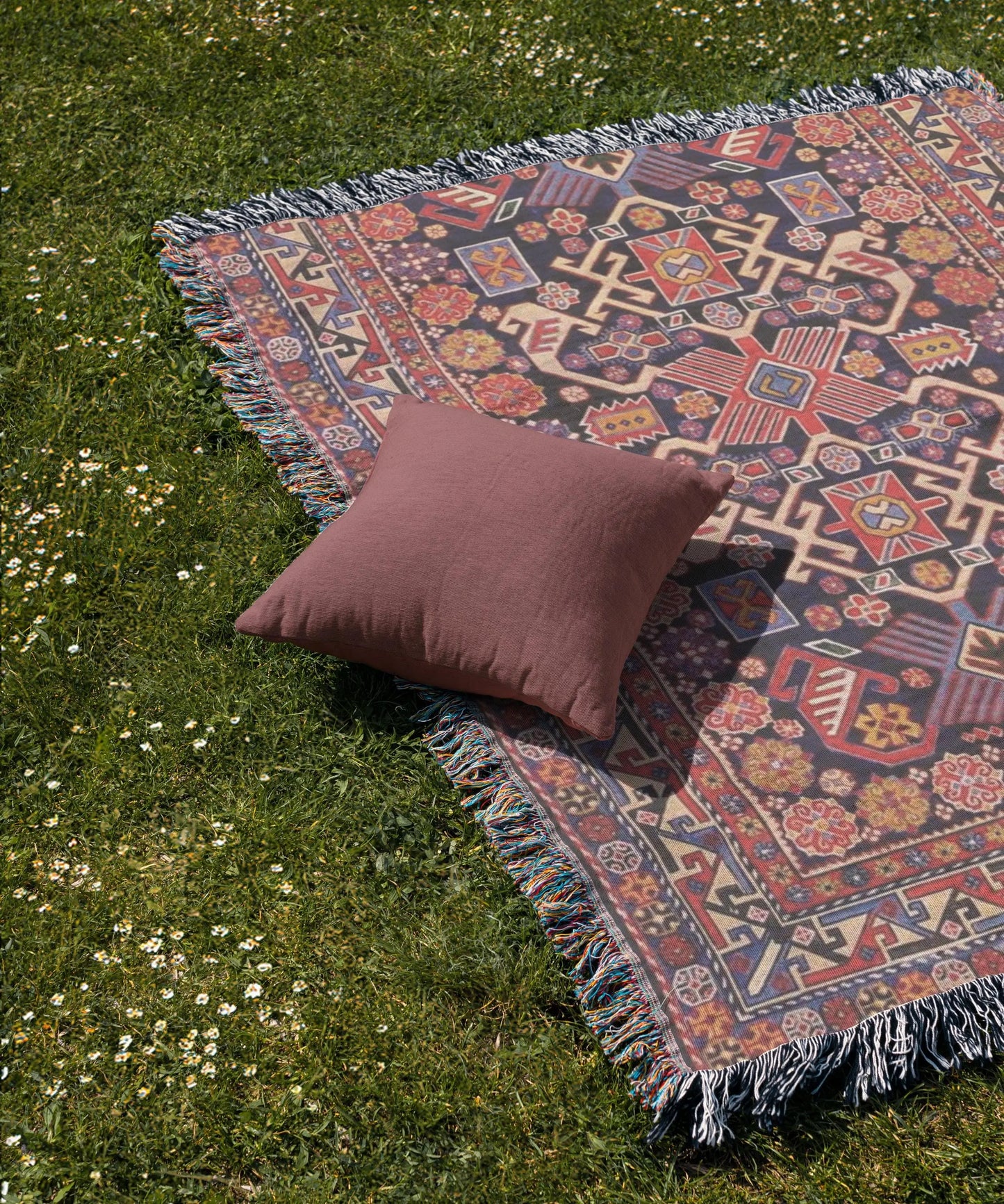 Turkish Woven Pillow Set - Cotton Throw Blanket with Rug-Inspired Pattern & Fringed Edge