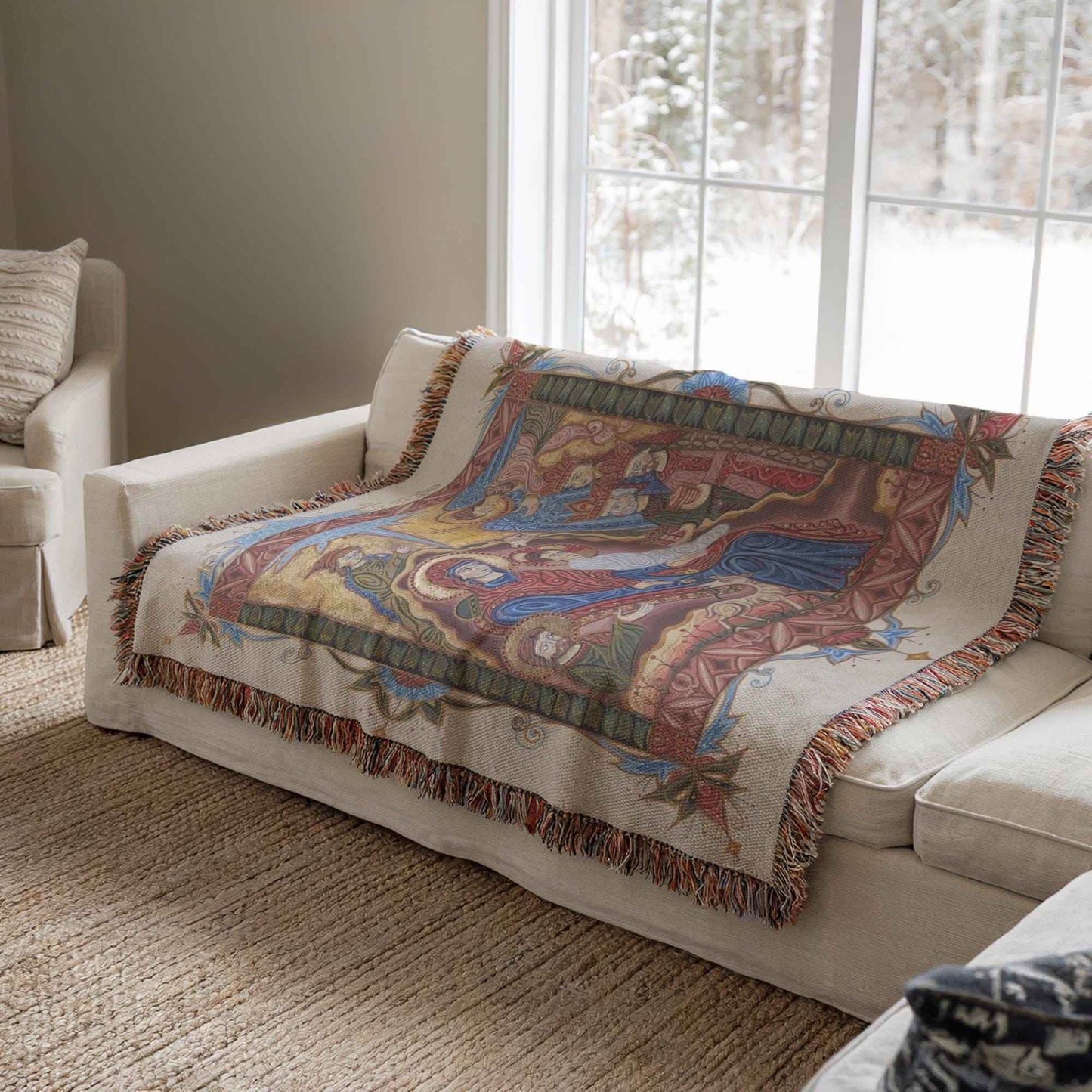 Armenian Tapestry Throw – Christmas Nativity Scene | Soft Cotton Blanket - timelessbohochic.com