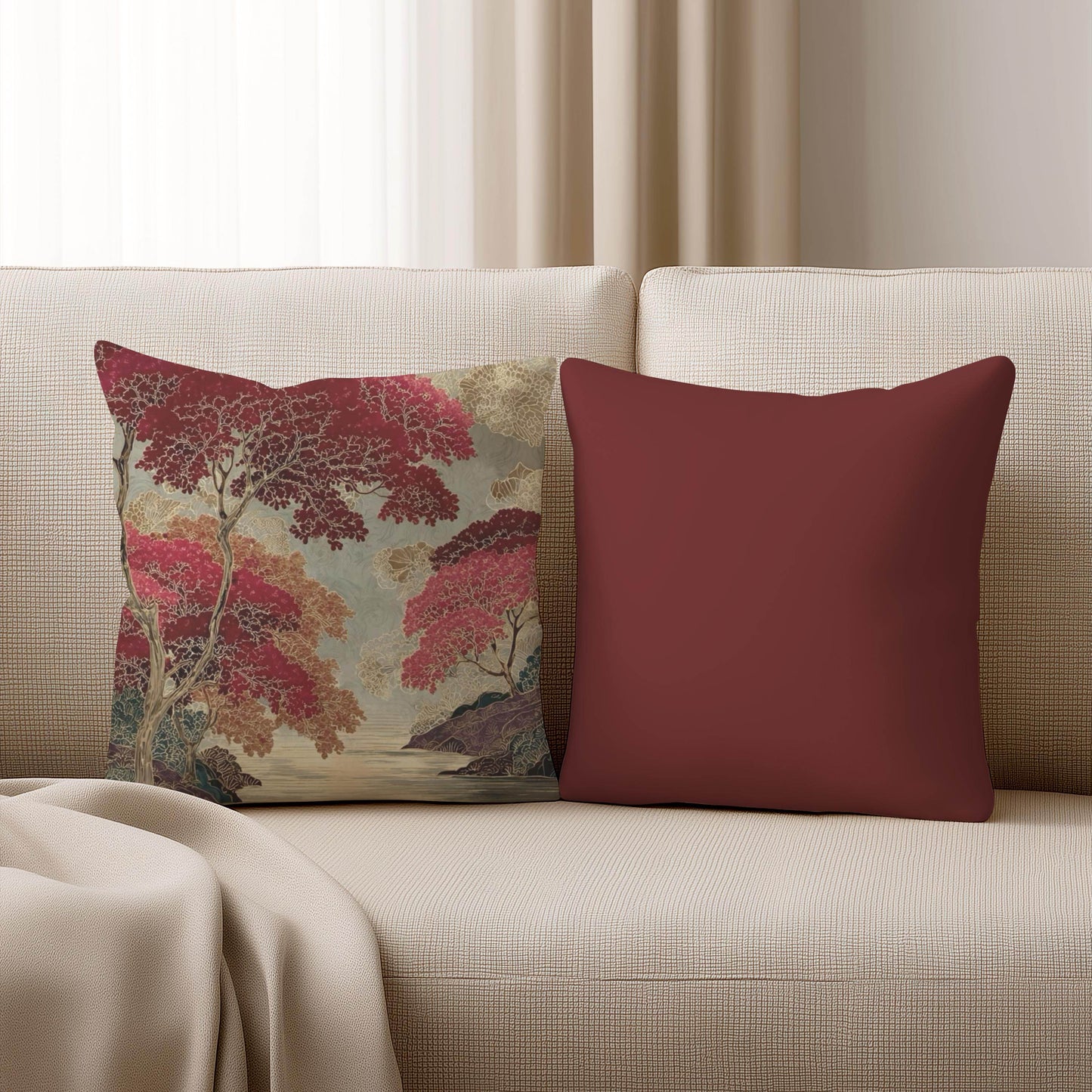 Japanese Inspired Pillow – Oriental Pattern Cushion | Woven Cotton Decorative Pillow Sham - timelessbohochic.com