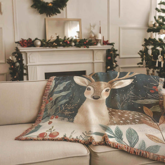 Woodland Animal Throw | Cozy Winter Blanket With Bambi & Holly Design - Rustic Cotton - timelessbohochic.com