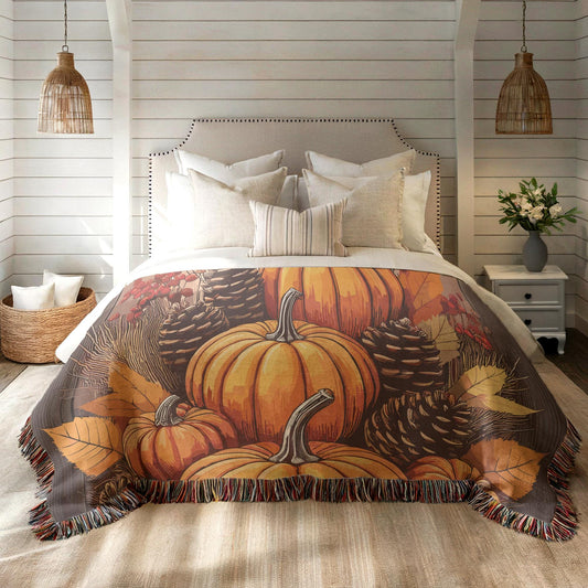 Bedroom Fall Blanket, Cozy Bed Throw, Autumn Bedding Accent, Pumpkin Design, Boho Room Decor, Cottagecore Thanksgiving, Farmhouse Style Gift