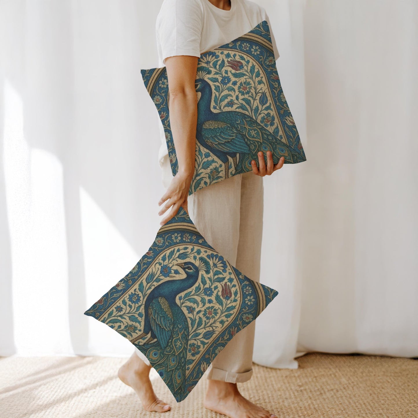 Modern Geometric throw pillow with geometric pattern styled on a sofa or bed