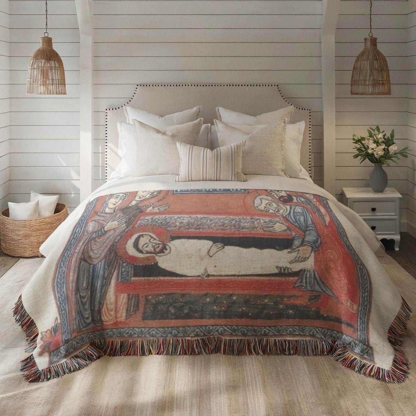 Armenian Tapestry Throw – Large Cotton Blanket With Crucifixion Scene Design - timelessbohochic.com