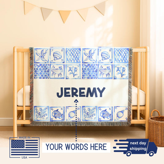 Woven Baby Blanket – Personalized Ocean Theme Patchwork Baby Shower Gift