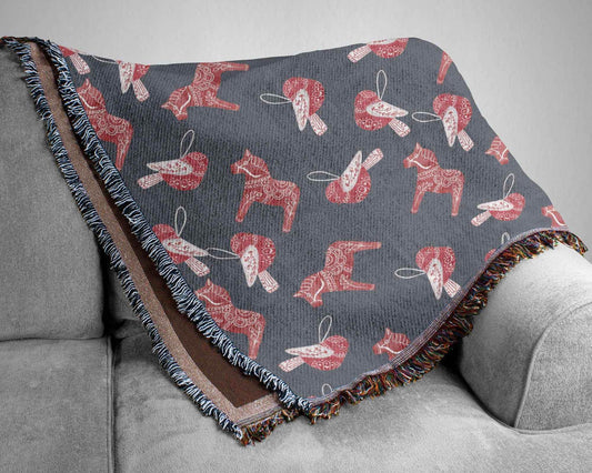Scandi Cotton Blanket – Scandinavian Throw With Dala Horse & Bird Pattern, Cozy Holiday Decor - timelessbohochic.com