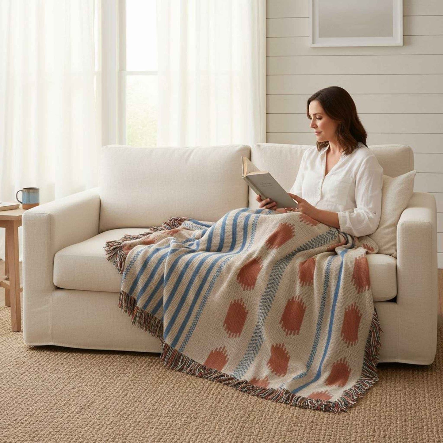 Modern Geometric outdoor woven throw blanket with geometric pattern for patio styling