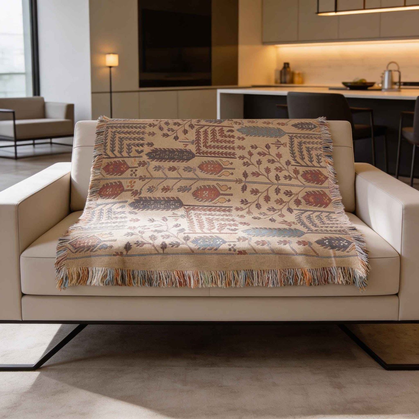 Caucasian Rug Inspired woven blanket with geometric pattern styled for layered home decor