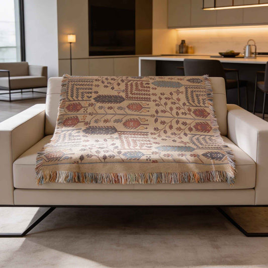 Caucasian Rug Inspired woven blanket with geometric pattern styled for layered home decor